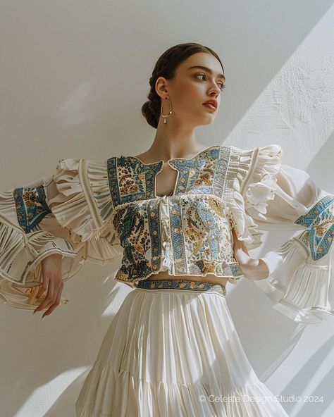 Old and New together: Fashion inspired by traditional art and architecture . Feeling so in love with this Persian Collection Series! What do you think about them? Give us some feedback? .  Concepts By @ida.saani © 2024 Celeste Design Studio. . . . . . .  #blouse #fashion #persian #persia #style #fashiondesigner #ai #patterndesign #fashionblogger #پترن #highfashion #moda #fashionista #fashionstyle #couturefashion #traditionalart #instafashion #designer #iran_tourism #midjourney #handmade #fashion Persian Dress, Persian Fashion, Wedding Crafts Diy, Pakistani Bridal Wear, Stylish Clothes For Women, So In Love, Pakistani Bridal, Art And Architecture, Bridal Wear