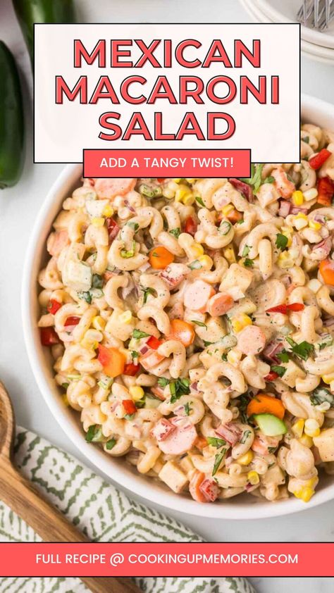 This Mexican Macaroni Salad is a zesty twist on a classic! Loaded with fresh veggies, black beans, corn, and a tangy, creamy dressing with a hint of spice, it’s the perfect side dish for summer barbecues, potlucks, or a quick weeknight dinner. Easy to make and bursting with bold flavors, this salad will be a hit at any gathering! Quick Macaroni Salad, Mexican Dishes For Potluck, Mexican Potluck Dishes, Macaroni Salad Mexican Style, Mexican Macaroni Salad With Ham, Mexican Macorina Salad, Mexican Street Corn Salad Pasta, Mexican Potluck, Mexican Sweet Corn Pasta Salad