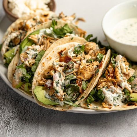 Shredded Chicken Tacos with Creamy Chimichurri Sauce - A Flavor Journal Chimichurri Tacos, Chicken Chimichurri, Rotisserie Chicken Tacos, Chicken Main Dish Recipes, Greek Yogurt Sauce, Shredded Chicken Tacos, Chicken Taco Recipes, Cooking Chicken, Shredded Chicken Recipes