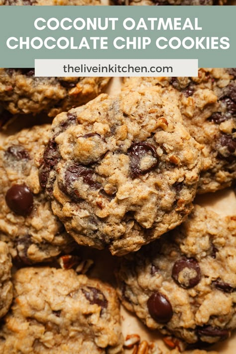 Coconut oatmeal chocolate chip cookies are sweet, chewy, and full of texture! Your favorite oatmeal chocolate chip cookie gets an upgrade with plenty of sweetened, shredded coconut. Instant Oatmeal Cookies, Chocolate Chip Coconut Cookies, Butter Crunch Cookies, Vegetarian Dessert Recipes, Coconut Oatmeal Cookies, Kid Friendly Vegetarian Recipes, Oat Chocolate Chip Cookies, Walnut Cookie Recipes, Healthy Chocolate Cookies