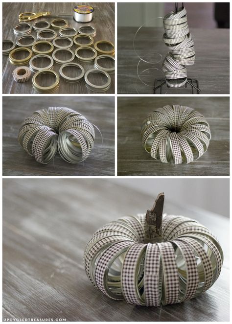 Mason Jar Lid Pumpkin | MountainModernLife.com Mason Jar Lids Crafts, Lid Crafts, Jar Lid Crafts, Mason Jar Pumpkin, Diy Pumpkins, Fall Mason Jars, Pumpkin Uses, Canning Lids, Rustic Mason Jars