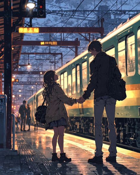 A touching scene where a couple ❤️ is saying goodbye at a train station, they are holding hands, looking into each other's eye, mix of emotions and hope... Train is in the background and the platform is bustling with activity, adding to the emotional weight of the moment. - ✫ ━━━━━━∙⋆⋅⋆∙━━━━━━ ✫ Follow ➠ @tech4vinay.ai ✫ ━━━━━━∙⋆⋅⋆∙━━━━━━ ✫ - - - #ailove #aiart #aiartcommunity #visionartai #stablediffusionai #midjourney #aitrend #artgallery Hugging Couple, Like Image, Book Writing, Saying Goodbye, The Platform, Art Styles, Couple Aesthetic, A Train, Cute Anime Couples