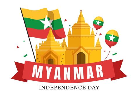 Celebrating Myanmar Independence Day on January 4th with Flags in Flat Cartoon Background Hand Drawn Templates Illustration Myanmar Independence Day, January 4, Cartoon Background, National Flag, Myanmar, Independence Day, Vector Art, Hand Drawn, Vector Free