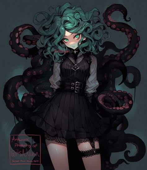 Eldritch Girlfriend, Eldritch Goddess, Eldritch Horror Oc Female, Nonhuman Character, Female Monster Oc, Character With Tentacles, Eldritch Horror Oc, Tentacle Hair Character Art, Monster Girl Art