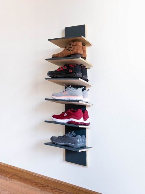 Adjustable Shoe Shelves, Shoe Rack Ideas Narrow Entryway Entrance, Diy Vertical Shoe Storage, Pegboard Shoe Rack, Business Decor Ideas, Wall Mount Shoe Rack, Vertical Shoe Storage, Shoe Rack Vertical, Storage Organisers