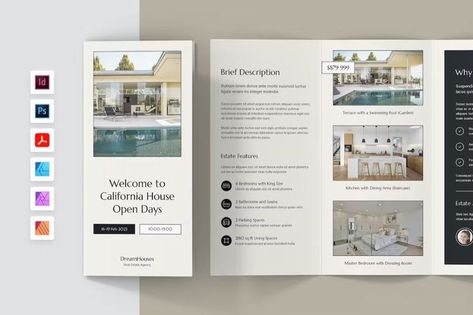 Real Estate Open House Brochure Tri-Fold Template Get it now!! #brochure #brochuretemplate #brochuredesign #business #template #trifold #bifold #bestbrochure #freebrochure #premiumdesign #design #envato #envatomarket #envatoelement #creativemarket #freepik #shutterstock Open House Brochure, House Brochure, Open House Real Estate, Trifold Brochure Design, Garden Estate, Open Days, Free Brochure, Trifold Brochure, Real Estate Business