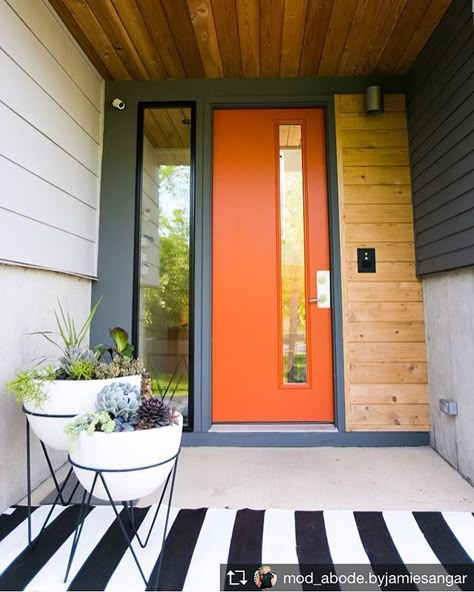 Retro Front Door, Midcentury Modern Front Door, Mid Century Doors, Mid Century Modern Front Door, Exterior House Doors, Orange Front Doors, Mid Century Modern Exterior, Modern Entrance Door, Mid Century Exterior