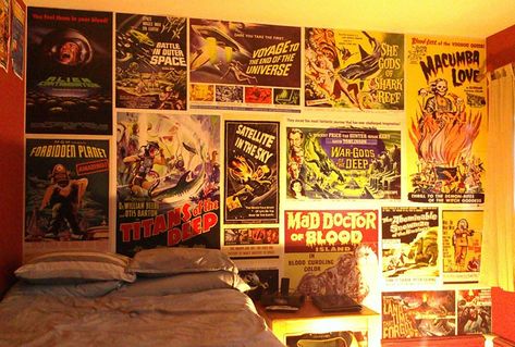 B-Movie Wallpaper Posters On Wall, Movie Bedroom, Movie Poster Room, Horror Room, Old Movie Poster, Posters On Wall Bedroom, Movie Room Decor, Movie Poster Wall, Poster Room