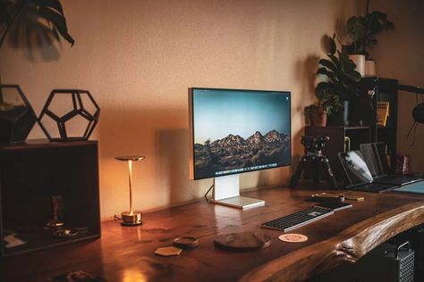 The design desk — A plant-heavy woodsy workshop battlestation : battlestations Room Desk Design, Apple Studio Display, Technology Inspiration, Studio Display, Desk Setup Ideas, Home Office Set Up, Aesthetic Office, Apple Pro, Streaming Setup