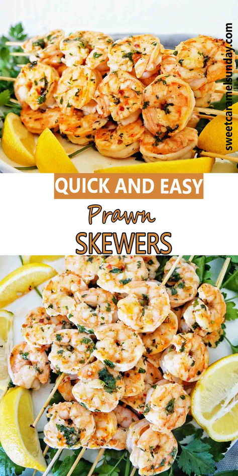 Prawn skewers on a white plate with parsley and lemon wedges. There is text written between 2 images. Easy Prawn Starters Recipes, Bbq Prawns Skewers, Prawns Skewers, Prawns Appetizers, Prawn Starters, Sweet And Sour Prawns, Bbq Prawns, Prawn Skewers, Simple Marinade