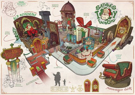 Santa's Toy Factory - Theme Park concept on Behance Animation Environment Design, Game Art Portfolio, Santa's Toy Factory, Props Concept, Toy Factory, Santa Toys, Bg Design, Props Art, Isometric Art