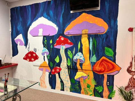 Mushroom mural at @sageintention will be working on it through this week during open hrs come on out and say hello Mushroom Mural, Working On It, Say Hello, Stuffed Mushrooms, Mural, Quick Saves