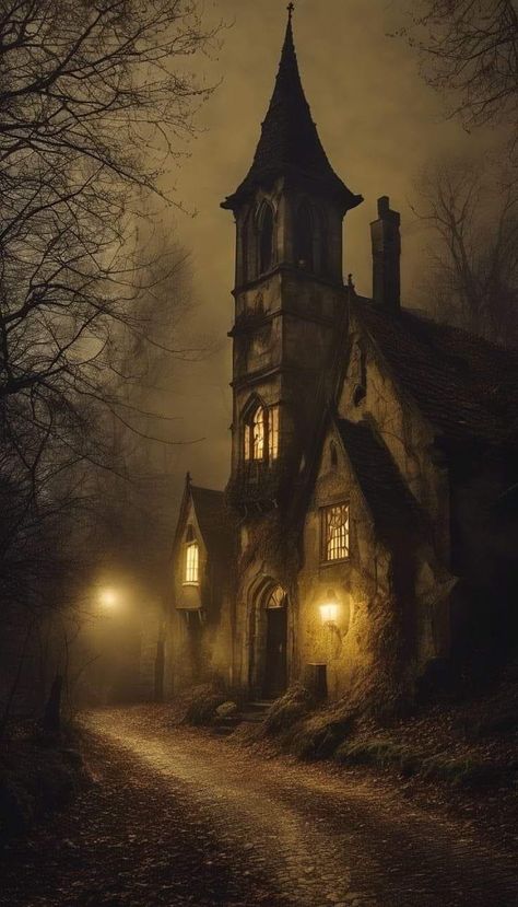 House At Night Aesthetic, Haunted Castle Aesthetic, Medieval Aesthetic Dark, Spooky House Aesthetic, Gothic Tavern, Street Scenes Photography, Graveyard House, Horror Village, Gothic Castle Aesthetic