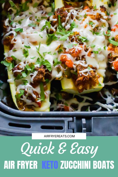 Stuffed full of meat, veggies, and melty cheese, the keto zucchini boats are perfectly seasoned, delicious, and ready in less than 10 minutes. #keto #airfryerketo #zucchini Keto Air Fryer Zucchini, Keto Zucchini Boats, Air Fryer Recipes Keto, Air Fryer Zucchini, Zucchini Boat Recipes, Keto Air Fryer, Keto Zucchini, Air Fryer Cooking Times, Simple Vinaigrette