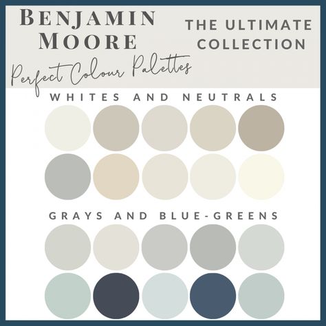 Benjamin Moore Ultimate Collection - Perfect Colour Palettes - Claire Jefford Most Popular Benjamin Moore Paint Colors Bathroom, Benjamin Moore Laundry Room Colors, Misty Blue Benjamin Moore, Ice Formations Benjamin Moore, Whales Gray Benjamin Moore, Whole House Paint Scheme Benjamin Moore, Benjamin Moore Whole House Palette, Benjamin Moore Winter Gates, Tranquility Benjamin Moore