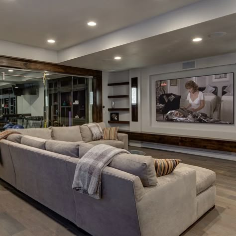 Basement Tv Room, Transitional Basement, Transitional Family Room, Basement Entertainment, Contemporary Basement, Basement Rec Room, Basement Home Theater, Dream Basement, Basement Layout