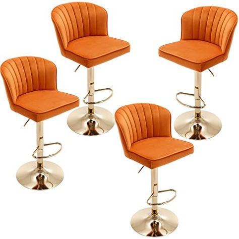 ROCITY Swivel Bar Stools Set of 4 Orange Velvet Barstools with Back Adjustable Counter Stools with Gold Base Modern Stool Chair Chairs For Kitchen Island, Orange Velvet, Modern Stools, Stool Chair, Swivel Bar Stools, Counter Stools, Bar Stools, Velvet, Bar