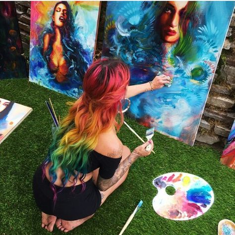 Charmaine olivia! Artists Workspace, Charmaine Olivia, Art Loft, Canvas Drawings, Easy Canvas Painting, Artist Aesthetic, Colorful Hair, Step By Step Painting, Old Paintings