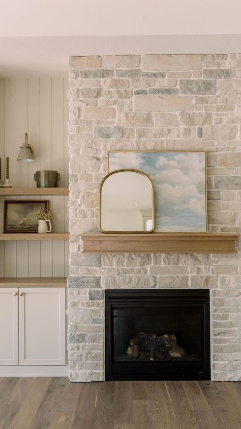 Stone Facing For Fireplace, Neutral Living Room With Stone Fireplace, European Country Decor, Stone Fireplace With Shelves On Side, Rock Fireplace With Built Ins, Stone Fireplaces Floor To Ceiling, Fireplace Low Ceiling, Modern Stone Fireplace Ideas, Tiling Fireplace