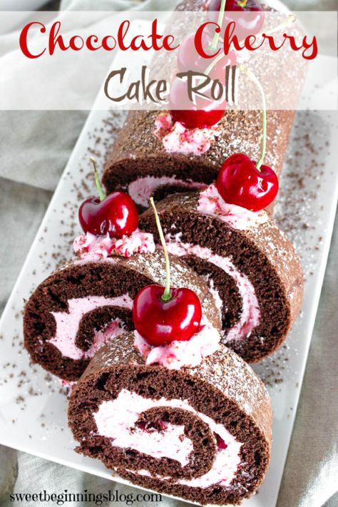 Cherry Cake Roll, Jelly Roll Cake, Yule Log Cake, Chocolate Cherry Cake, Swiss Roll Cake, Cake Roll Recipes, Log Cake, Chocolate Roll, Rich Chocolate Cake