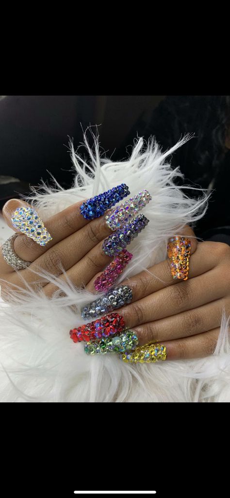 Gem Pedicure, Nails Acrylic With Gems, Multi Color Gem Nails, Rainbow Nails Acrylic, Acrylic With Gems, Rainbow Bling Nails, Ab Crystal Nails, Rainbow Diamond Nails, Pixie Crystals Nails