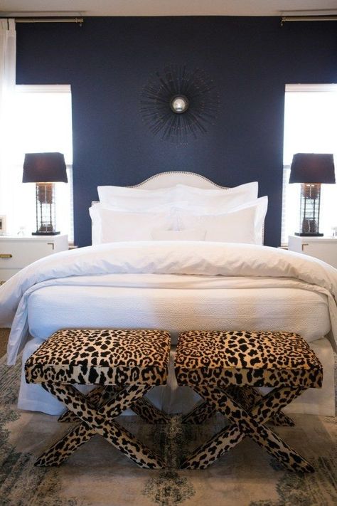 Navy blue and leopard print Navy Bedroom Accent Wall, Curio Shelves, Navy Blue Bedroom Decor, Dark Academia Room Decor, Academia Room, Bedroom Paint Colors Master, Navy Bedrooms, Dark Blue Bedrooms, Blue Bedroom Walls