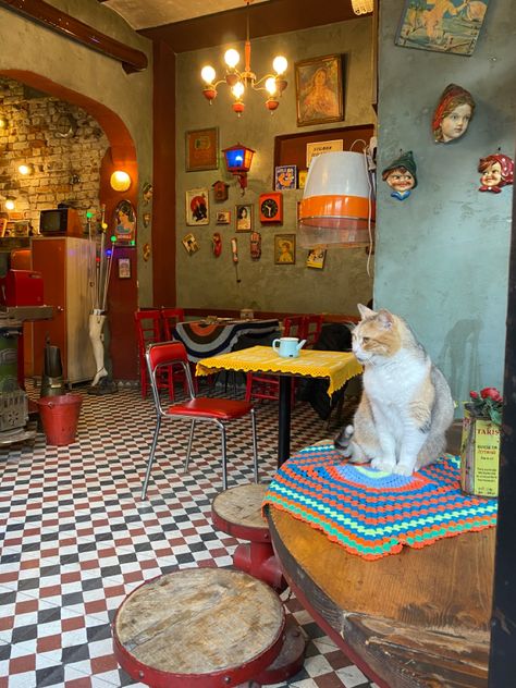 #cafe #aesthetic #travel #pretty #vintage Vintage French Cafe Aesthetic, Europe Cafe Aesthetic, Eclectic Cafe Interiors, Coffee Shop Vintage Design, Coffee Dose Cafe, Colourful Cafe Interior, Global Coffee House Aesthetic, Local Cafe Aesthetic, 2000s Coffee Shop Aesthetic