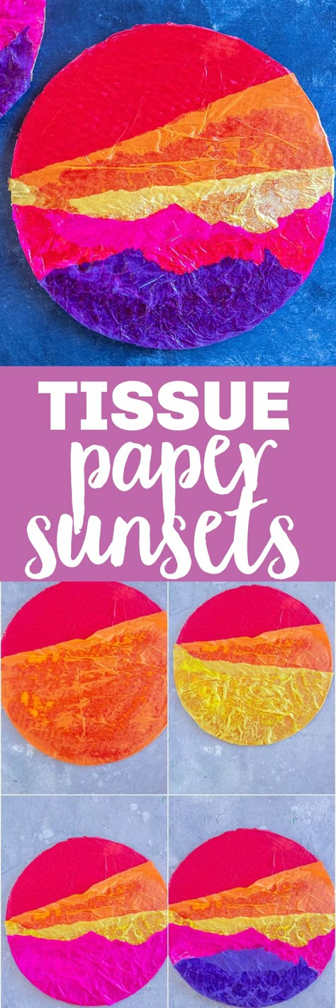 Sunset Craft Preschool, Preschool Mountain Crafts, Easy Elementary Crafts, Tissue Paper Activities, Tissue Paper Art For Kids, September Crafts For Adults, Simple Crafts For Kids Easy, Tissue Paper Crafts For Kids, Sunset Craft