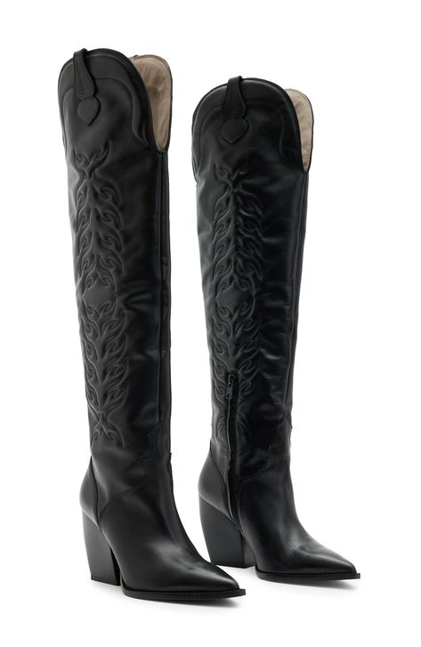 Black Knee High Cowboy Boots, Emo Boots, Texas Two Step, Knee High Cowboy Boots, Black Leather Cowboy Boots, Cowboy Stuff, Black Cowboy Boots, Boots Tall, Cuban Heels