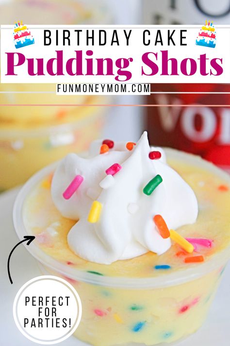 Creamy Shots, Birthday Cake Pudding Shots Recipe, Birthday Cake Pudding Shots, Cake Pudding Shots, Birthday Cake Pudding, Shots Jello, Birthday Cake Shots, Pudding Shot Recipes, Shake Drink