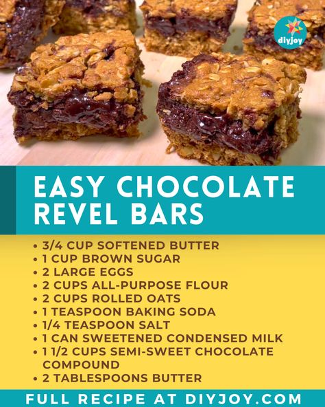 Craving for sweets? Try these heavenly chocolate revel bars! They are chewy and packed with chocolatey goodness. Get the recipe here. Oat Chocolate Bars, Chocolate Revel Bars Recipe, Revel Bars Recipe, Chocolate Revel Bars, Revel Bars, Raisin Cookie Recipe, Oat Bar Recipes, Cookie Recipes Decorating, Oatmeal Cream Pies