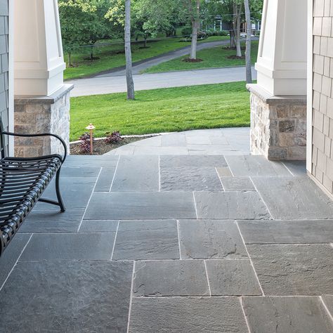 Exterior Home Walkways, Blue Stone Porch Floor, Front Porch Stone Floor, Blue Stone Pool Decking, Slate Patio Flagstone, Bluestone Porcelain Pavers, Porch Stone Ideas, Blue Slate Patio, Blue Stone Front Porch