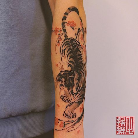 Tiger Tattoo Cherry Blossom, Tiger With Cherry Blossom Tattoo, Tiger And Cherry Blossom Tattoo, Tiger Cherry Blossom Tattoo, Traditional Tiger Tattoo, Bloom Tattoo, Asian Tigers, Chinese Tiger, Cherry Blooms