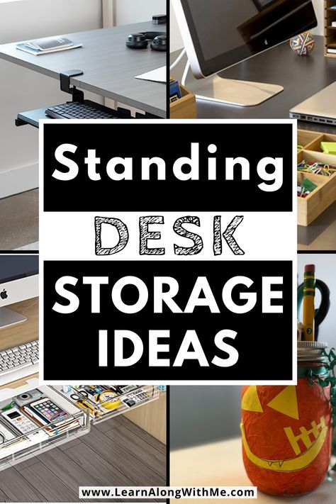 Standing Desk With Ikea Drawers, Standing Desk Decor Home Office, Uplift Desk Home Office Ideas, Rising Desk Setup, Home Office With Standing Desk Design, Desktop Storage Ideas, Standing Desk Storage Ideas, Standing Desk Cable Management, Standing Desk Setup Ideas