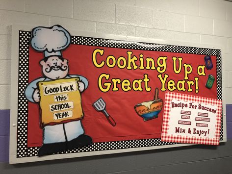 Back To School Cafeteria Bulletin Board Ideas, Back To School Bulletin Boards Elementary Cafeteria, Lunch Room Decorations School, Cafeteria Door Decoration Ideas, Lunch Room Bulletin Board Ideas, Bulletin Boards School, Kitchen Bulletin Boards, School Cafeteria Decorations, Fcs Teacher