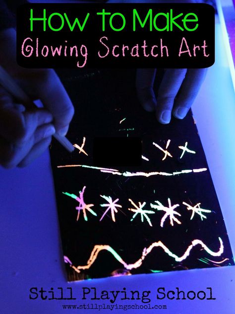 DIY Homemade Glowing Scratch Art Paper from Still Playing School Scratch Art, Fun Arts And Crafts, Glowing Art, Glow Party, Kids Artwork, Camping Art, Homemade Crafts, Diy Homemade, Preschool Art