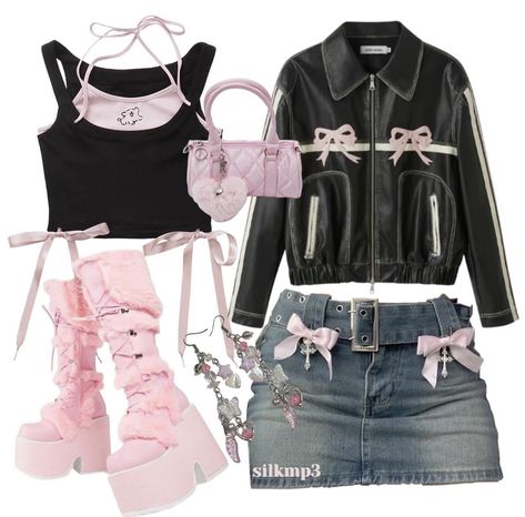 Kpop Concert Inspo Outfits, Pink And Black Concert Outfit, Pink Outfits Kpop, Cute Kpop Outfits Pink, Girlypop Outfits, Stage Outfits Pink, Kpop Stage Outfits Ideas Pink, Pink Grunge Outfit, Cute Pink Stage Outfits