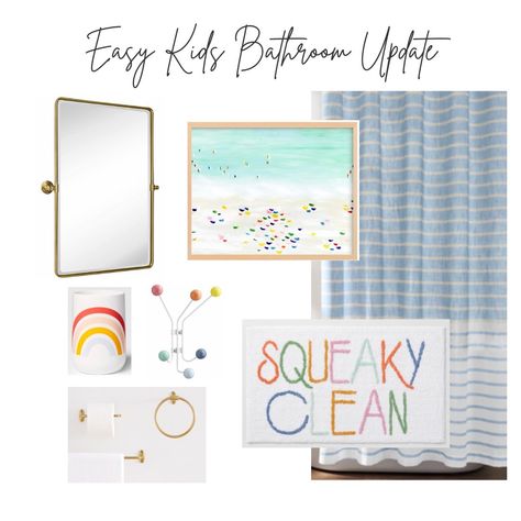 Blue and white stripe shower curtain, abstract beach art, rainbow bath cup, rainbow towel hook, brass swivel mirror, "squeaky clean" bath mat, brass bathroom hardware Amazon Kids Bathroom, Light Blue Kids Bathroom, Kids Gender Neutral Bathroom, Kids Bathroom Inspiration, Simple Kids Bathroom, Rainbow Bathroom Kids, Kids Bathroom Ideas Shared Boy And Girl, Kids Bathroom Ideas For Boys, Gender Neutral Bathroom For Kids