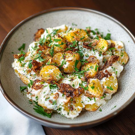 Try this crispy smashed potato salad for a crunchy, flavorful twist on the classic dish, perfect for any gathering or BBQ! Smashed Potatoe Salad Recipe, Crispy Potato Salad Recipe, Crispy Potato Salad, Smashed Potato Salad, Crispy Smashed Potatoes, Classic Potato Salad, Smashed Potatoes, Crispy Potatoes, Boiled Potatoes