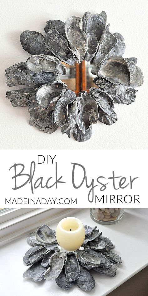 Black Oyster Shell Mirror, Learn how to make this easy DIY layered shell mirror using foam and oyster shells from our vacation! Oyster shell mirror, layered shell mirror, shell votive holder, shell candle holder via @madeinaday Oyster Mirror, Oyster Shells Diy, Oyster Shell Mirror, Oyster Shells Decor, Shell Candle Holder, Oyster Shell Crafts, Shell Craft, Shells Diy, Nautical Crafts