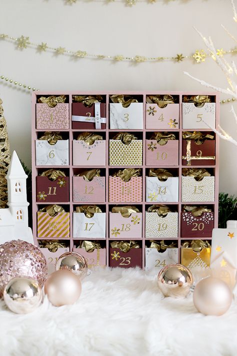 Glam Pink & Gold Reusable DIY Advent Calendar - Swoon Worthy Wooden Advent Calendar With Drawers, The Office Advent Calendar, Diy Wooden Advent Calendar Ideas, Advent Boxes Diy, Advent Calendar Boxes Diy, Diy Wooden Advent Calendar, Advent Calenders Diy, Reusable Advent Calendar, Cool Advent Calendars