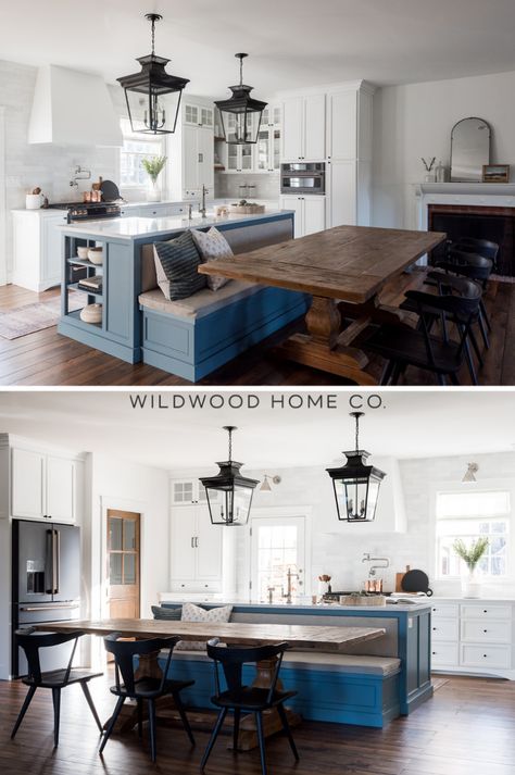 Maximize your kitchen space with smart design choices. This remodel includes banquette seating that adds seating and prep area without sacrificing style. The reimagined space incorporates a pantry and island, with a focus on functionality. The centered hood and island sink offer a modern aesthetic. Combining soft whites, warm woods, and elegant hardware creates a warm atmosphere. Natural light, clean lines, and maximum use of space result in a timeless kitchen that blends style and practicality. Island Sink, Large Dining Room Table, Top Kitchen Trends, Two Tone Kitchen Cabinets, Timeless Kitchen, Kitchen Island With Seating, Banquette Seating, Island With Seating, Style Makeover