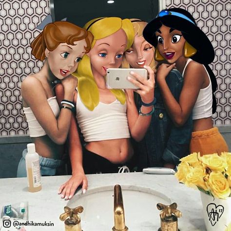 Artist Photoshops Disney Princesses Into Celebrity Photos 4 Disney Princess Together, Disney Princess Together, 4 Disney Princess, Four Princess, Disney Swag, Characters Disney, Modern Disney Characters, Disney Princess Modern, Disney Princess Fashion