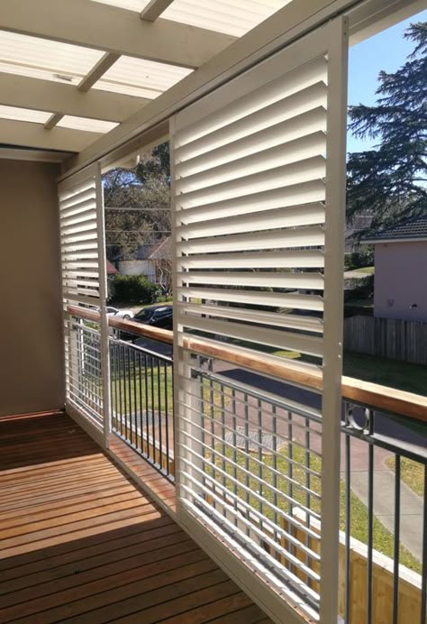 Balcony With Privacy Screen, Louvred Privacy Screen, Louvre Privacy Screen, Balcony Shutter Ideas, Verandah Privacy Ideas, Louvre Windows Exterior, Railing Privacy Ideas, Outdoor Blinds For Porch, Balcony Louvers