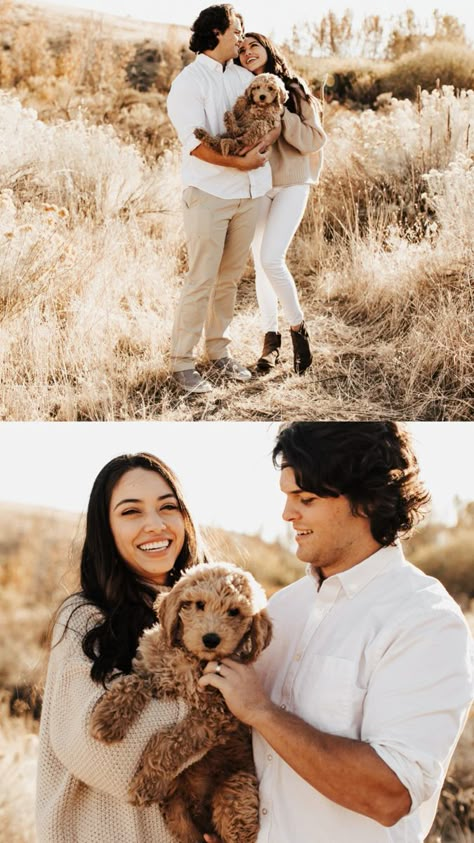 Golden couples session in the foothills with their sweet goldendoodle puppy Fall Couple Pictures With Puppy, Couples Puppy Photoshoot, Fall Couple Shoot With Dog, Pictures With Puppy Ideas, Puppy Fall Photoshoot, Couple Photoshoot With Puppy, Family Photo With Puppy, New Puppy Announcement Photo Shoot, Puppy Pictures With Owners