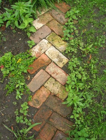 I kind of like this idea, especially for   an herb garden edging ... and we've got the spare bricks to use,   too. Brick Path, نباتات منزلية, Garden Walkway, Recycled Garden, Have Inspiration, Garden Pathway, Garden Edging, Garden Borders, Garden Cottage