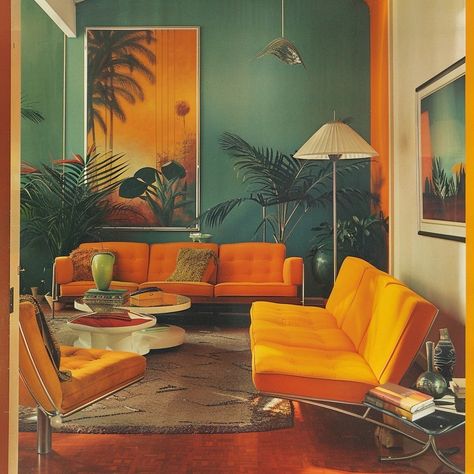 Colourful Mid Century Modern, Mid Century Modern Color Scheme, Mid Century Modern Color Palette, Palm Royale, Gold Couch, Mcm Living, 70s Interior Design, 70s Interior, Mid Century Colors