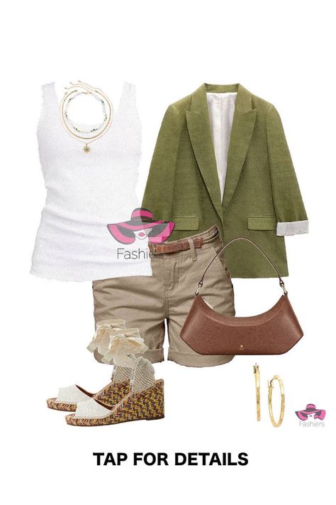 Spring style in shorts! beige shorts white tank top green linen blazer with white wedges! Outfit created with Fashiers app! #shorts #linenblazer #springstyle #springoutfit #blazeroutfit #fashionable Green Linen Blazer Outfit, White Wedges Outfit, Linen Blazer Outfit, Wedges Outfit, White Wedges, Beige Shorts, Fashion Styling, Shorts White, Fashion App