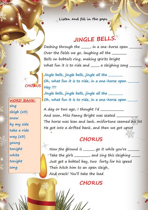 Christmas Exercises For Kids, Christmas Exercise, Jingle Bells Lyrics, Christmas Music Activities, Christmas Worksheet, Xmas Songs, Holiday Worksheets, Good Grammar, English Christmas