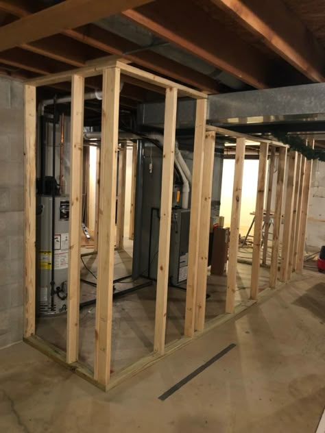 Unfinished Basement Covering Furnace In Basement, Turning Basement Into Apartment, Hiding Basement Utilities, Half Finished Basement Ideas, Dungeon Basement, Basement Vibes, Bedroom Ideas Basement, Basement Speakeasy, Basement Refresh